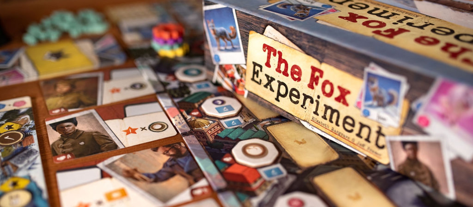 A closeup from a setup of the board game The Fox Experiment. In the right a part of the box.