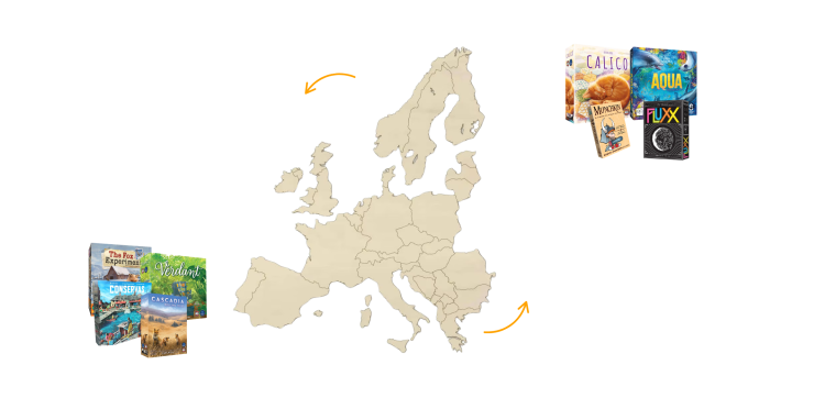 Map of Europe with examples of board games and card games. Boardgame trends 2025.
